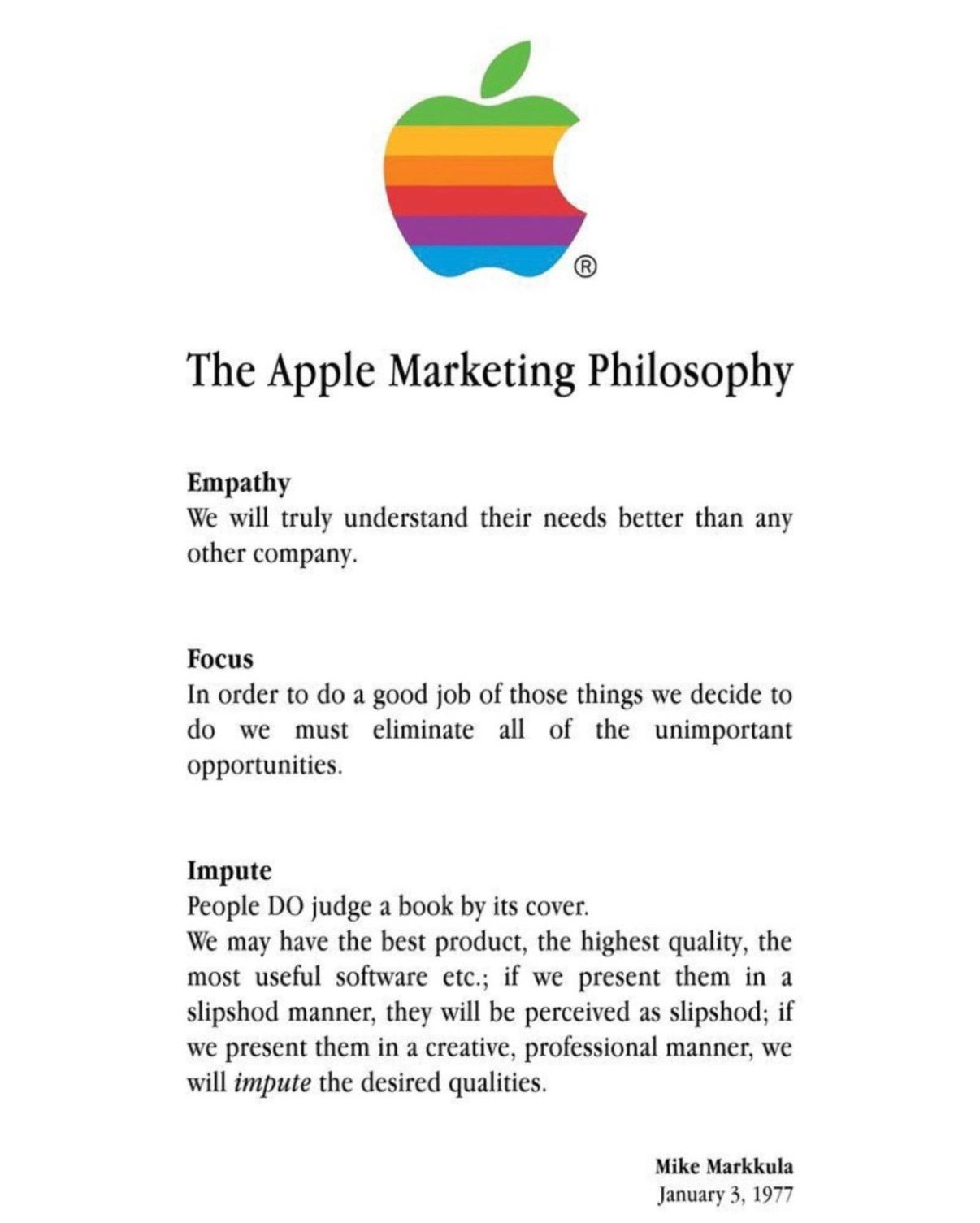 Apple’s 1977 marketing philosophy setting out the principles of Empathy, Focus and Impute.