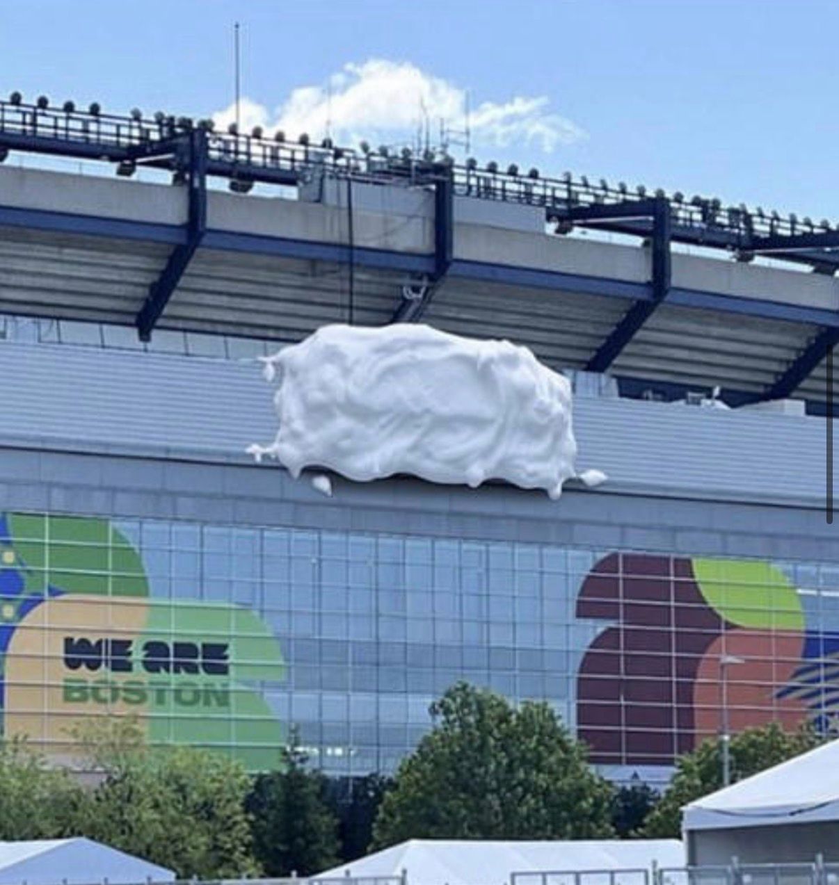Computer-generated visual of Gillette Stadium with the name covered by shaving foam.