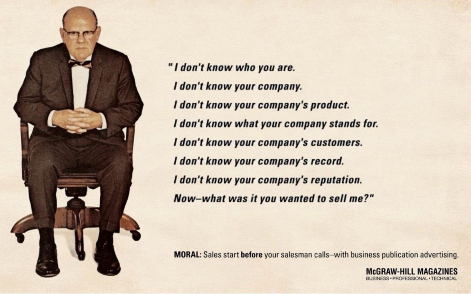 A 1958 McGraw-Hill advertisement showing a seated business buyer beside a list of things they don’t know about a salesperson and their company.